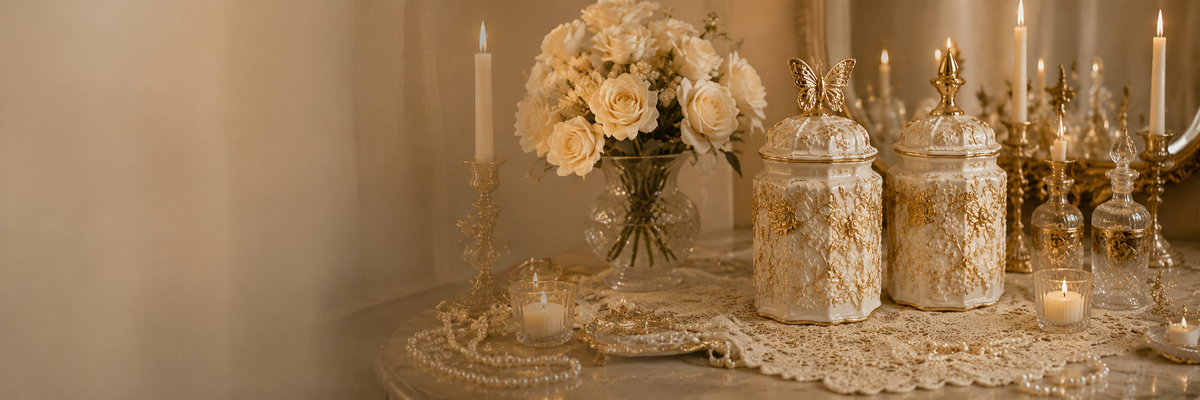 A warm modern interior with sculptural tissue holders, natural stone, ceramic objects, wood and linen