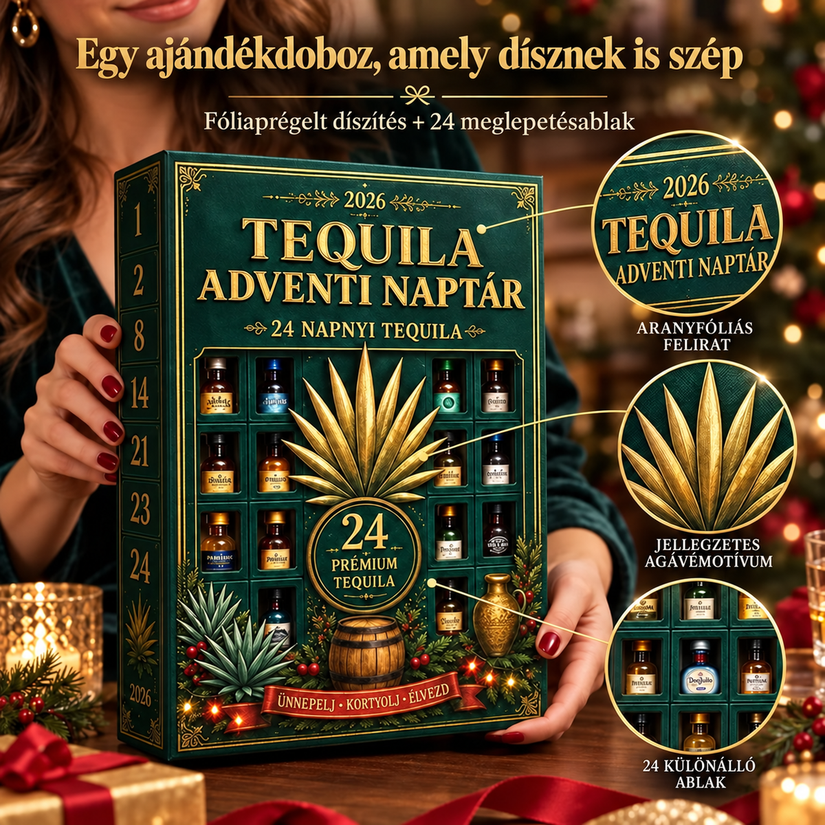 🎁✨ 24 napos mini tequilás üvegeket tartalmazó adventi meglepetésdoboz – Ünnepi alkalmakra, bárpult- és asztaldekorációnak, gyűjtői ajándéknak és családi karácsonyi visszaszámláláshoz