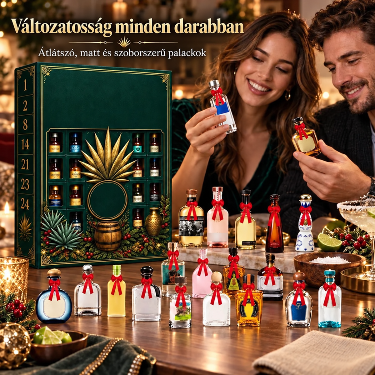 🎁✨ 24 napos mini tequilás üvegeket tartalmazó adventi meglepetésdoboz – Ünnepi alkalmakra, bárpult- és asztaldekorációnak, gyűjtői ajándéknak és családi karácsonyi visszaszámláláshoz