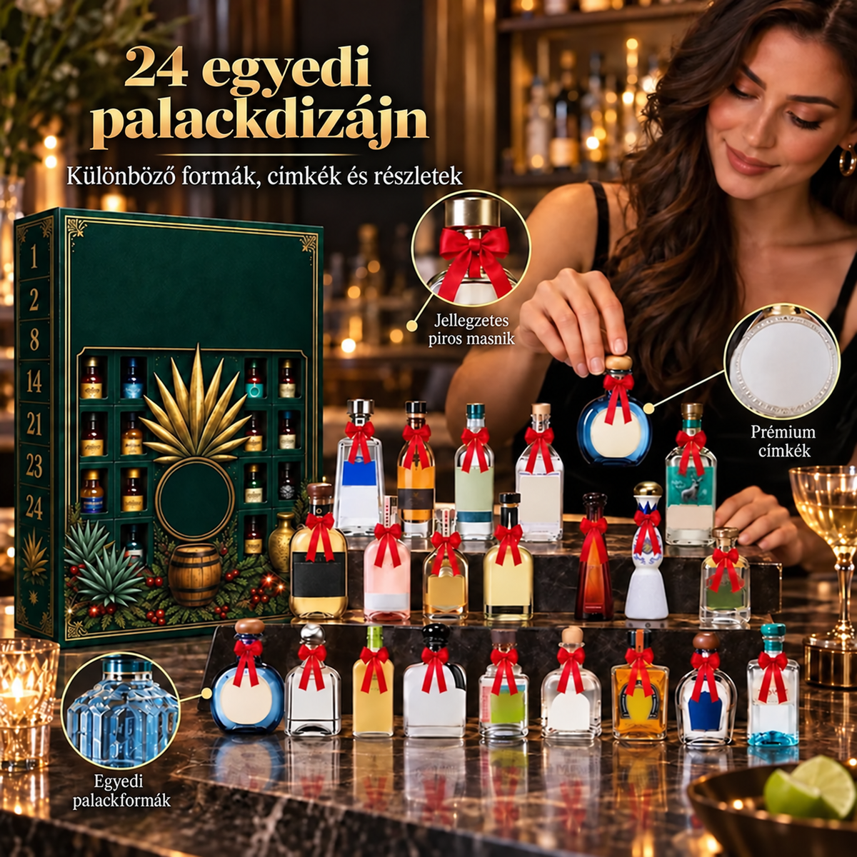 🎁✨ 24 napos mini tequilás üvegeket tartalmazó adventi meglepetésdoboz – Ünnepi alkalmakra, bárpult- és asztaldekorációnak, gyűjtői ajándéknak és családi karácsonyi visszaszámláláshoz