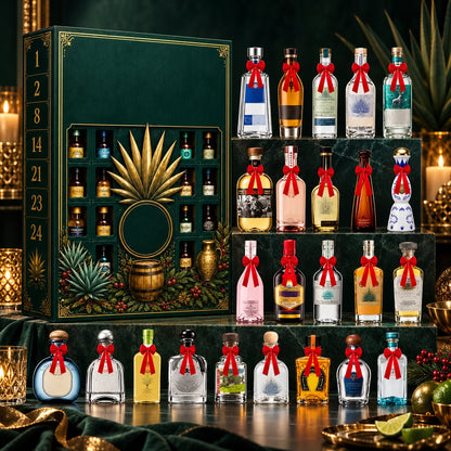 🎁✨ 24 napos mini tequilás üvegeket tartalmazó adventi meglepetésdoboz – Ünnepi alkalmakra, bárpult- és asztaldekorációnak, gyűjtői ajándéknak és családi karácsonyi visszaszámláláshoz