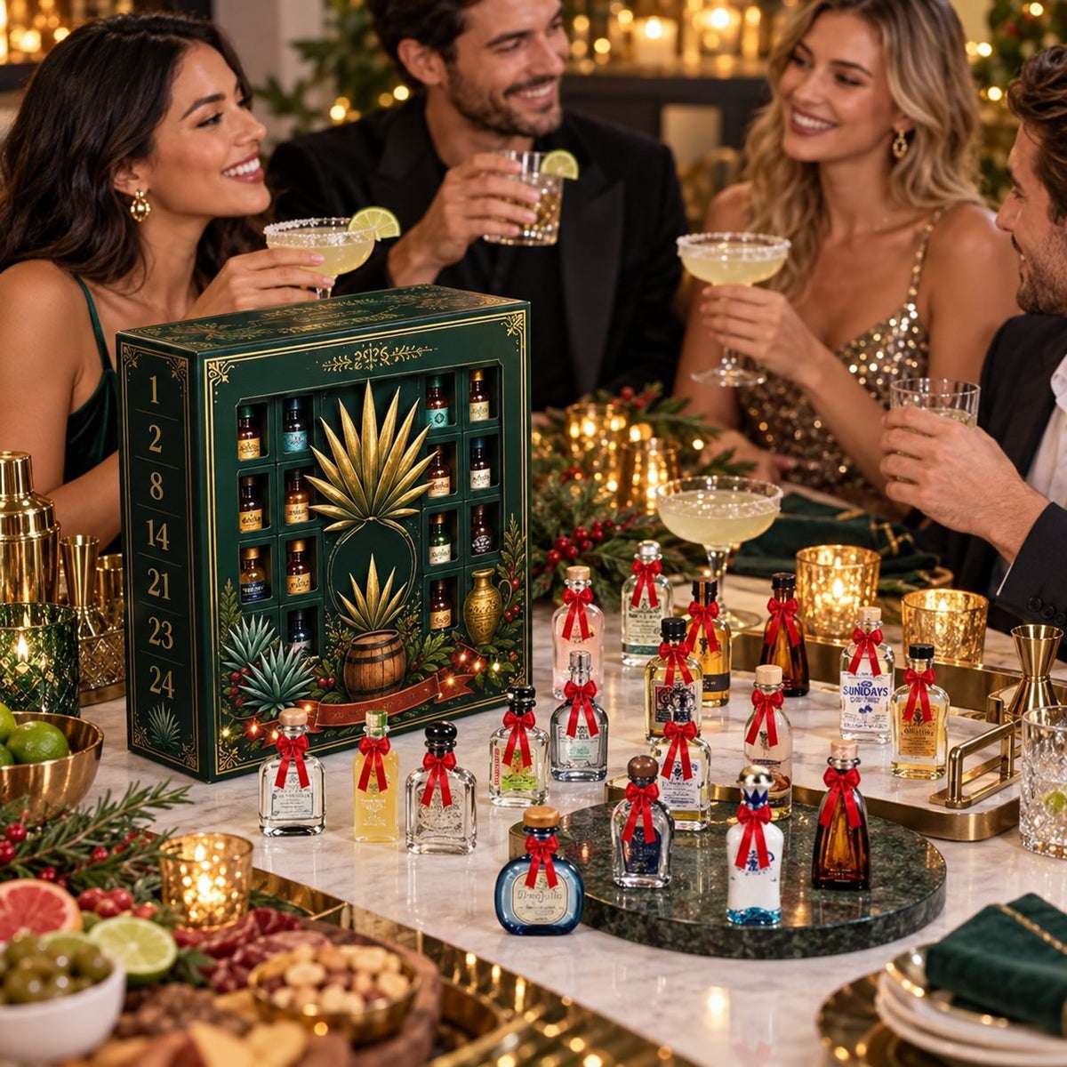 🎁✨ 24 napos mini tequilás üvegeket tartalmazó adventi meglepetésdoboz – Ünnepi alkalmakra, bárpult- és asztaldekorációnak, gyűjtői ajándéknak és családi karácsonyi visszaszámláláshoz